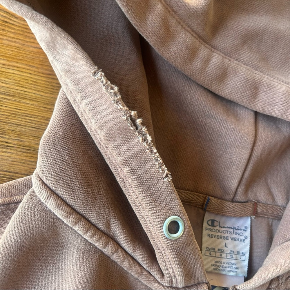 Champion Reverse Weave Mocha Distressed Cropped Hoodie Large - Picture 5 of 5